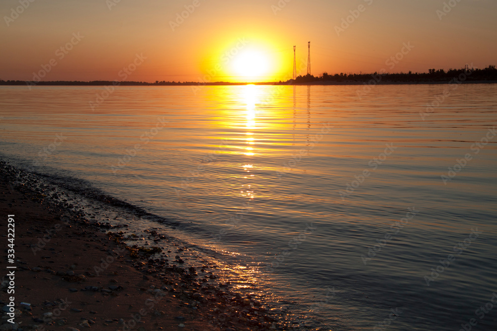  Dawn over the river, summer morning, beach