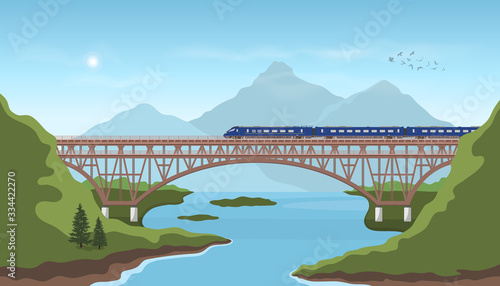 Landscape with railway bridge. Trevel by train. Mountain's railroad scenery. Modern express locomotive in valley
