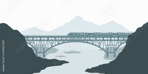 Silhouette scene. Landscape with railway bridge. Trevel by train. Mountain's railroad scenery. Modern express locomotive in valley