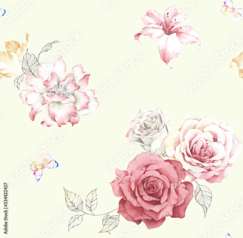 Watercolor seamless pattern with rose flowers. Watercolor decoration pattern. Vintage watecolor background. Perfect for wallpaper, fabric design, wrapping paper, surface textures, digital paper.