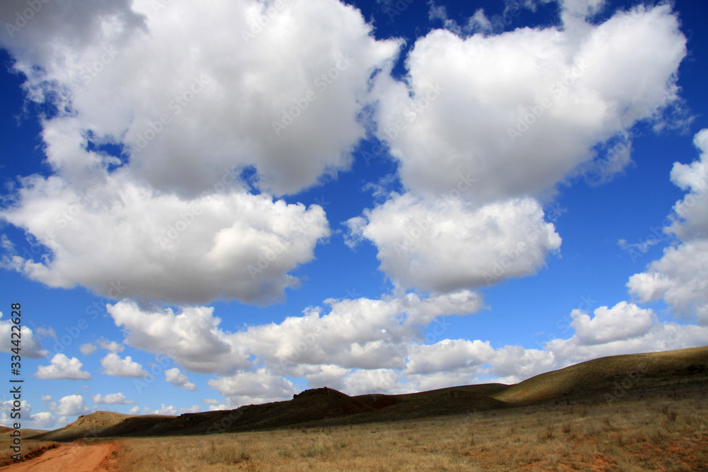 
bright blue sky with clouds in the steppe