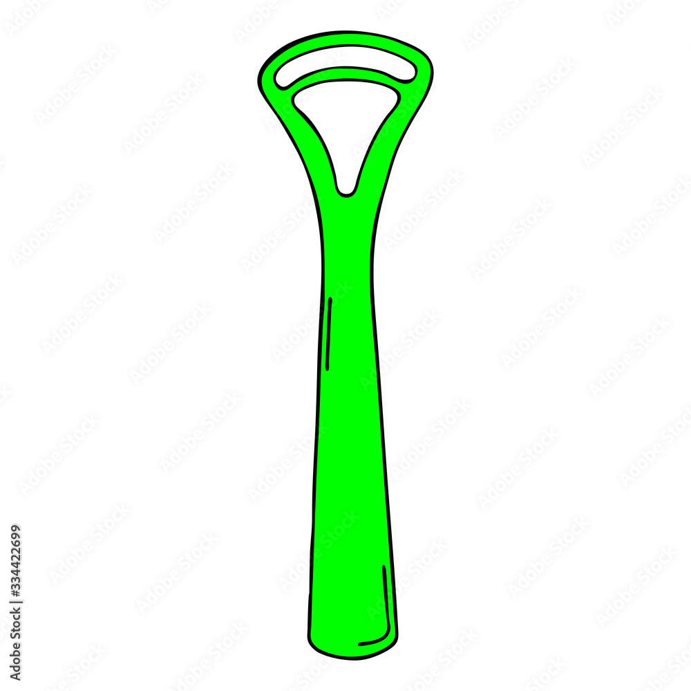 Scraper cleaning back of tongue with plastic handle. Dental product personal oral hygiene bathroom. Color vector isolated template flat doodle realistic drawing black outline white background icon Scraper cleaning back of tongue with plastic handle. Dental product personal oral hygiene bathroom. Color vector isolated template flat doodle realistic drawing black outline white background icon