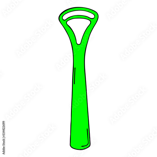 Scraper cleaning back of tongue with plastic handle. Dental product personal oral hygiene bathroom. Color vector isolated template flat doodle realistic drawing black outline white background icon