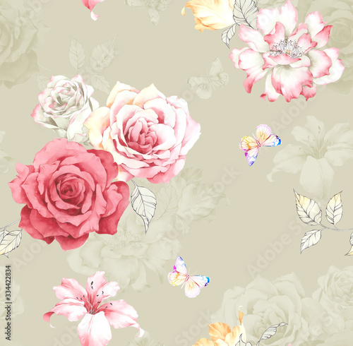 Watercolor seamless pattern with rose flowers. Watercolor decoration pattern. Vintage watecolor background. Perfect for wallpaper, fabric design, wrapping paper, surface textures, digital paper. © ZWM