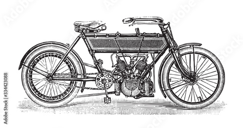 Old 2 cylinder motorcycle / vintage illustration from Brockhaus Konversations-Lexikon 1908