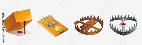 Set of various cartoon animal trap isolated on white background. Collection of colorful cruel hunter steel equipment vector graphic illustration. Danger tools for hunting