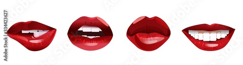 Cartoon seductive woman lips with red lipstick and white teeth set isolated on white background. Collection of sensual female mouth with makeup making emotional gesture expression vector illustration