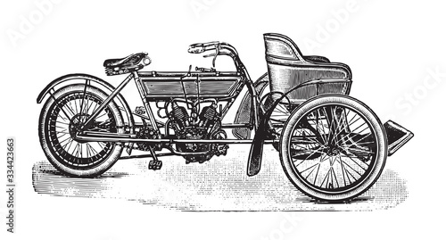 Old motorcycle with sidecar / vintage illustration from Brockhaus Konversations-Lexikon 1908