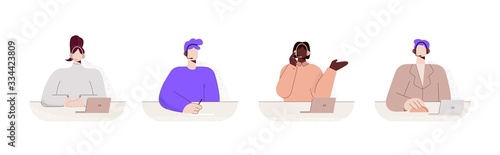 Set of colorful woman call center workers big limbs style vector flat illustration. Collection of cartoon business female in headset working on laptop at support service isolated on white background