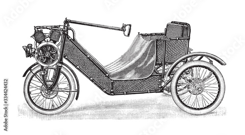 Old 2 cylinder motor tricycle / vintage illustration from Brockhaus Konversations-Lexikon 1908 photo