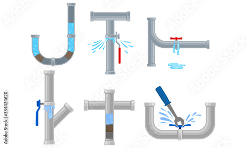 Damaged Pipe Fitting or Adapters with Valves Isolated on White Background Vector Set