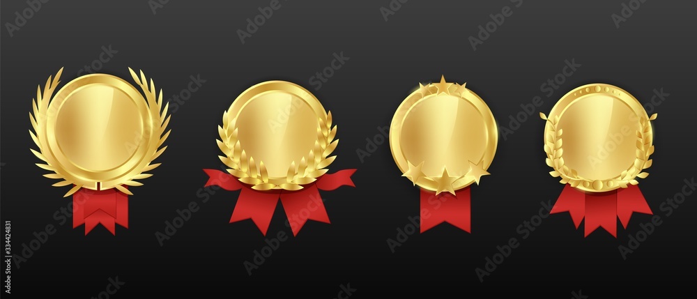 Gold cartoon award medal with red ribbon set isolated on black background. Glossy prize symbol of victory with decorative design element and empty place for text vector graphic illustration Gold cartoon award medal with red ribbon set isolated on black background. Glossy prize symbol of victory with decorative design element and empty place for text vector graphic illustration