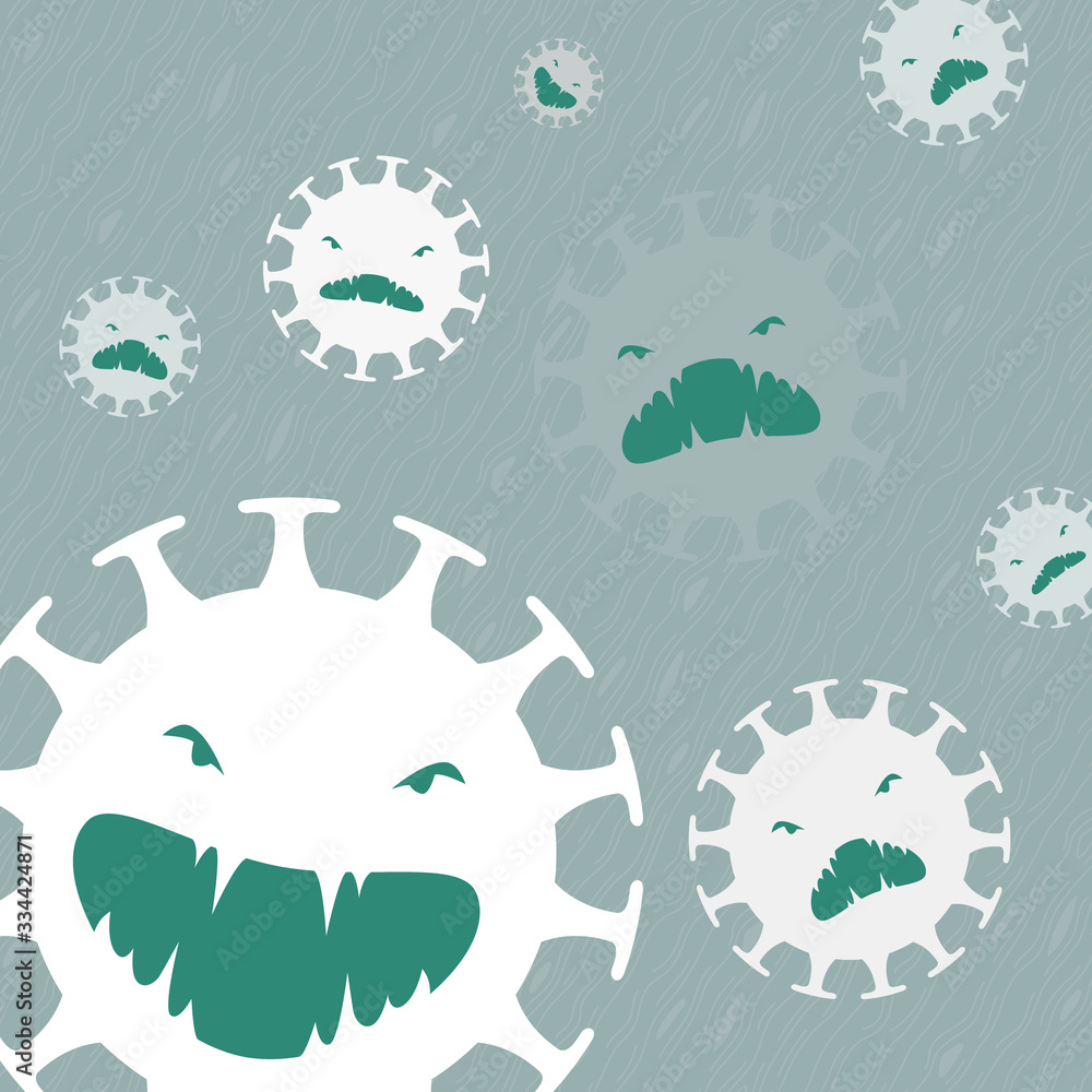 Face of Pandemic, Coronavirus, Covid-19. Image virus icon. Toothy aggressive evil virus, background Face of Pandemic, Coronavirus, Covid-19. Image virus icon. Toothy aggressive evil virus, background