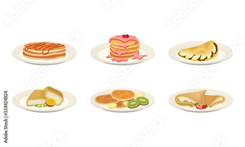 Crepes or Pancakes with Different Stuffing and Toppings Rolled and Folded on Plate Vector Set