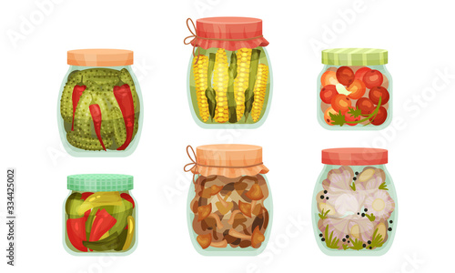 Glass Jars with Pickled Products Like Corn and Mushrooms Vector Set