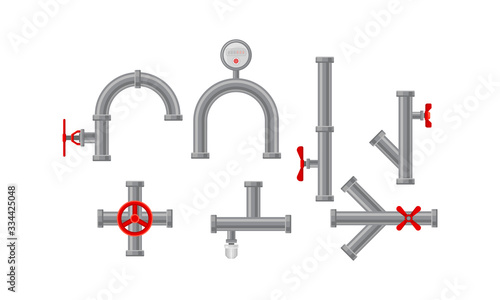 Pipe Fitting or Adapters with Valves Isolated on White Background Vector Set