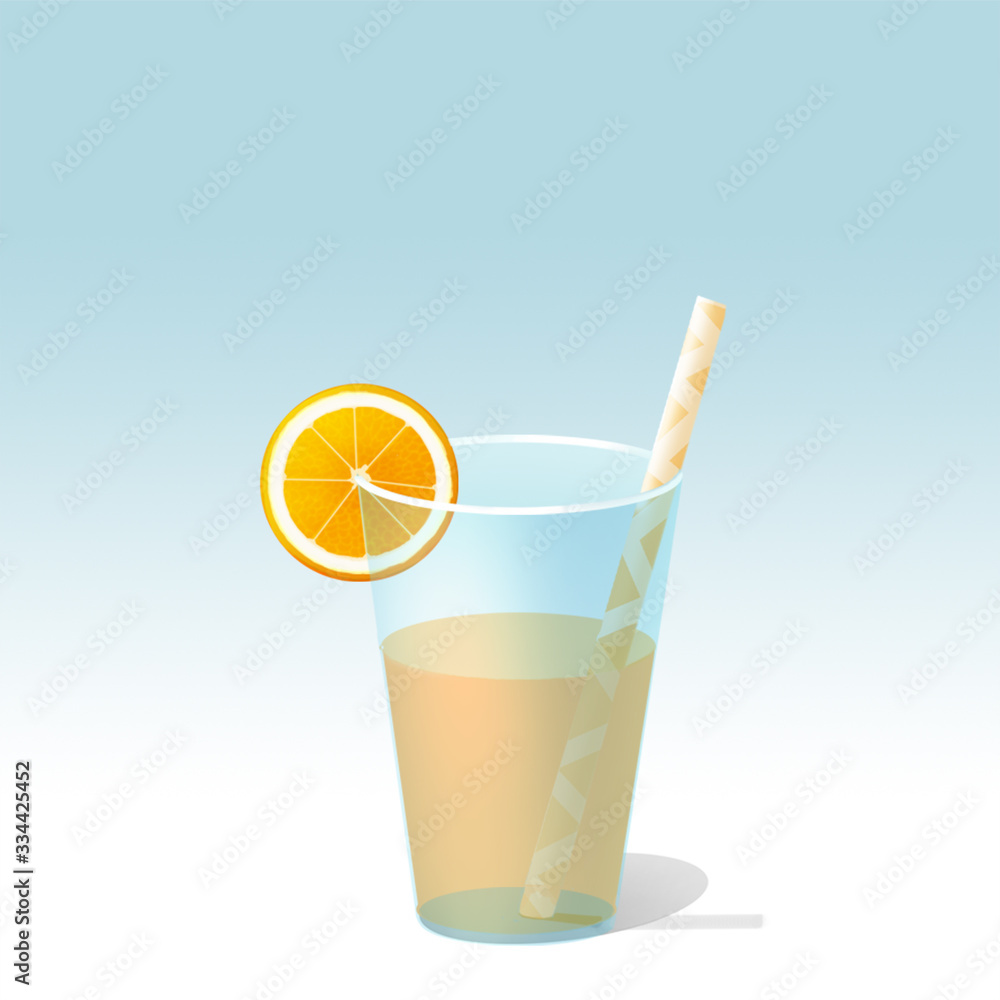 3d illustration of a glass with orange juice, a slice and a pipe. Template for design summer theme and drinks. 3d illustration of a glass with orange juice, a slice and a pipe. Template for design summer theme and drinks.