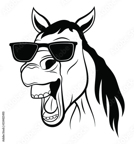Portreit of smiling horse with glasses. Farm animal. Vector illustration of a funny animal in retro glasses.