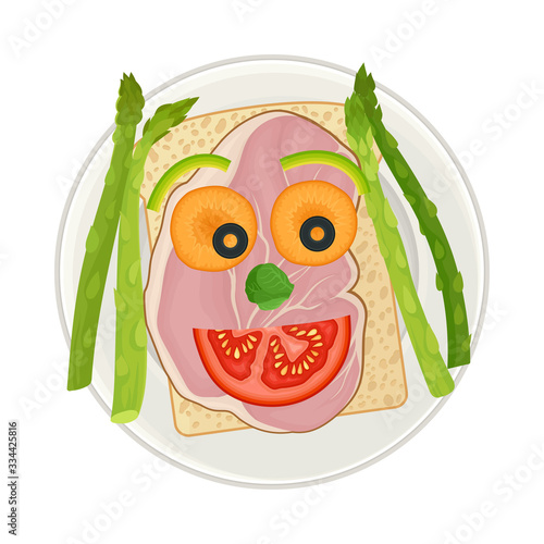 Sandwich with Sliced Bacon and Vegetables Served in Smiley Shape as Child Breakfast Vector Illustration