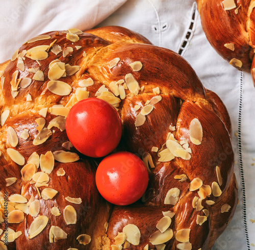 Tsoureki Easter traditional sweet bread closeup view photo