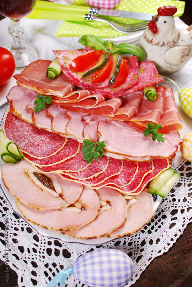 easter breakfast with platter of cured meat and ham