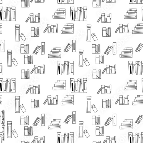 Vector seamless pattern. Doodle. Many black outlines icons of books isolated scattered on white background. Pile of paper books, open book, book on computer screen, ebooks, glasses, heart, lamp.