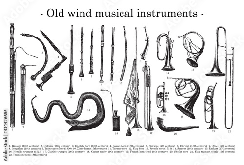 Old wind musical instruments / vintage illustration from Brockhaus Konversations-Lexikon 1908 photo