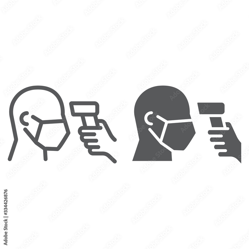 Checking body temperature line and glyph icon, coronavirus and covid 19, temperature scaning sign, vector graphics, a linear pattern on a white background, eps 10. Checking body temperature line and glyph icon, coronavirus and covid 19, temperature scaning sign, vector graphics, a linear pattern on a white background, eps 10.
