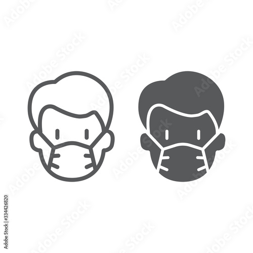 Man with medical mask line and glyph icon, virus and flu, covid 19 sign, vector graphics, a linear pattern on a white background, eps 10.