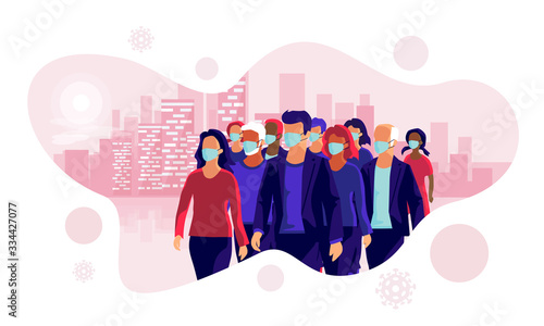Group of people wearing protection medical face mask to protect and prevent virus, disease, flu, air pollution, contamination. Old man woman child walking. Vector illustration with city skyline.