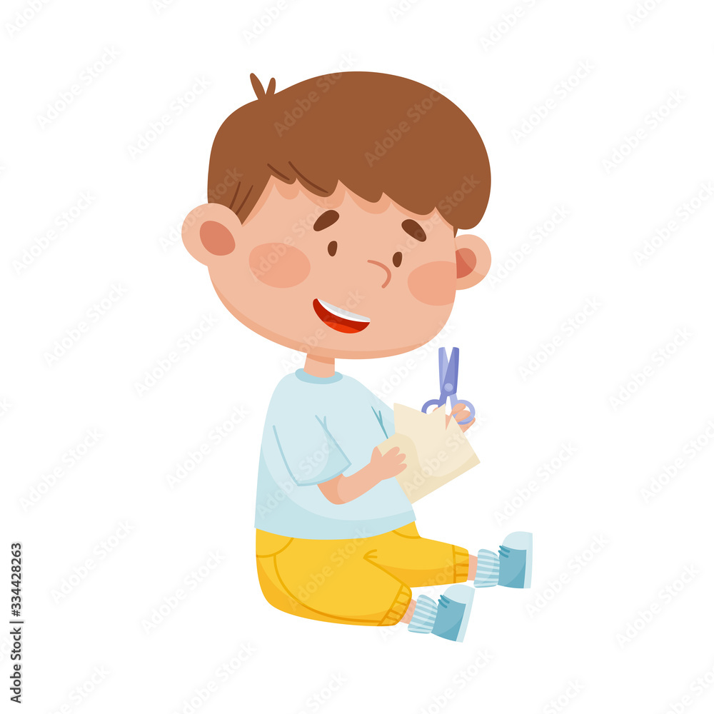 Little Boy Holding Scissors Doing Paper Craft Vector Illustration Little Boy Holding Scissors Doing Paper Craft Vector Illustration