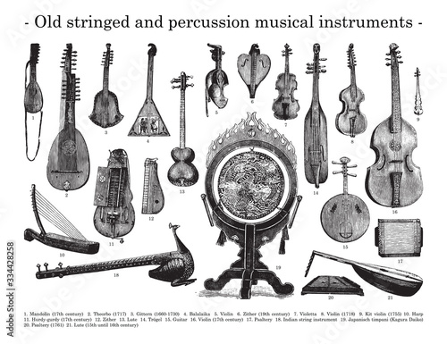 Old stringed and percussion musical instruments / vintage illustration from Brockhaus Konversations-Lexikon 1908