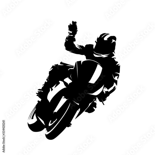 Motorbike rider celebrates victory. Isolated vector silhouette. Ink drawing. Motorsport racing