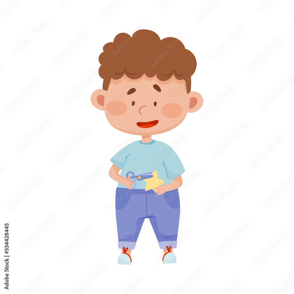Little Boy Holding Scissors Cutting Out Star Vector Illustration