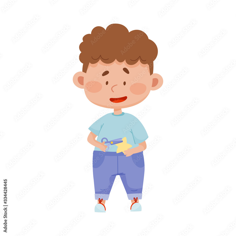 Little Boy Holding Scissors Cutting Out Star Vector Illustration Little Boy Holding Scissors Cutting Out Star Vector Illustration