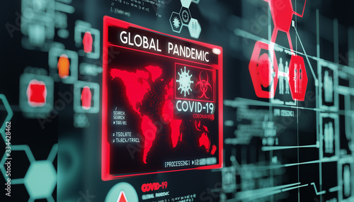 Covid-19 coronavirus, data visualization of the virus as it turns into a global pandemic. 3D illustration. photo