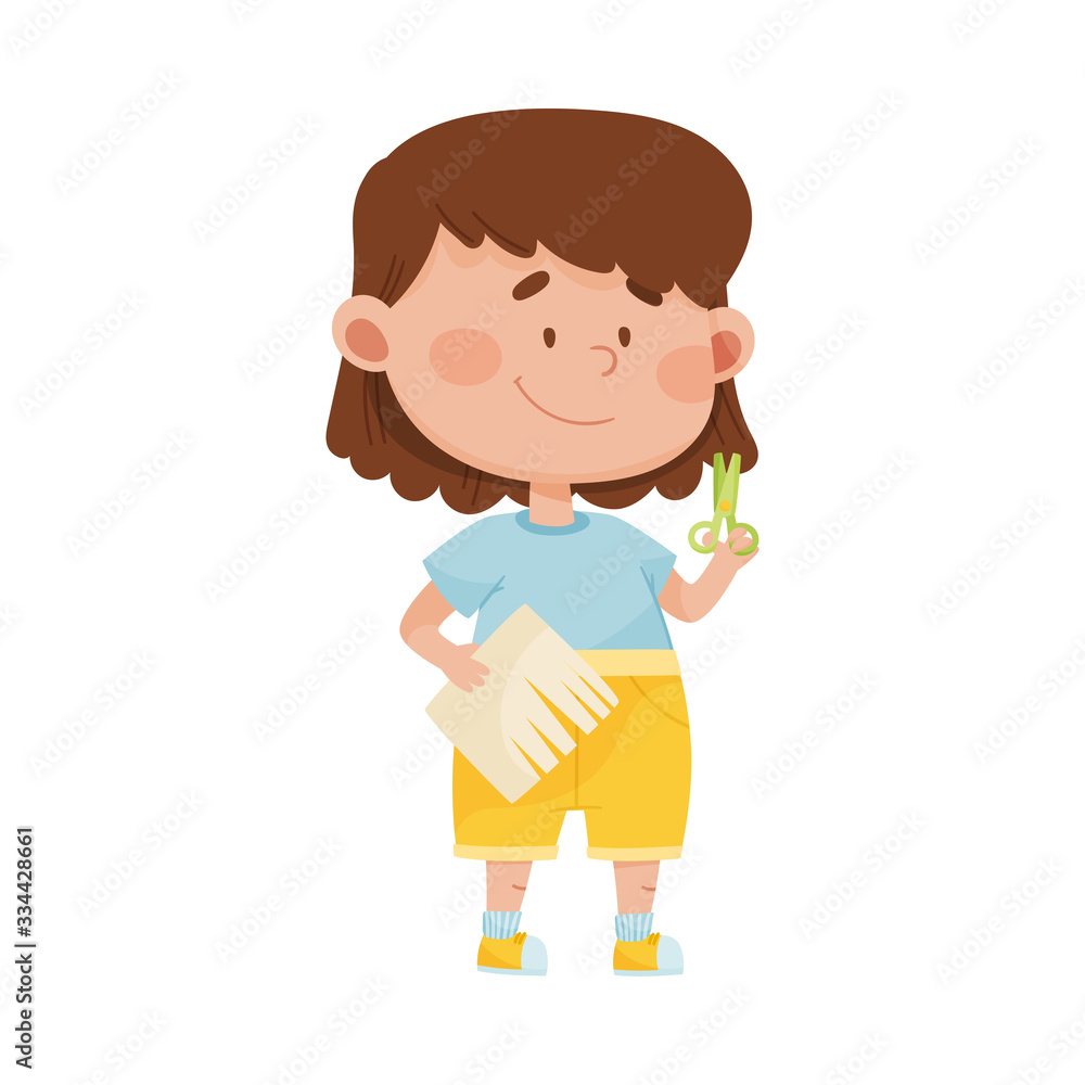 Little Girl Holding Scissors Doing Paper Craft Vector Illustration Little Girl Holding Scissors Doing Paper Craft Vector Illustration