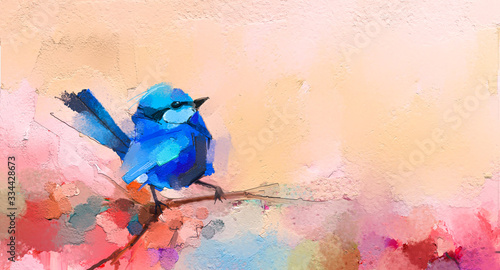 Abstract colorful oil, acrylic painting of bird and spring flower. Modern art paintings brush stroke on canvas. Illustration oil painting, animal and floral for background.