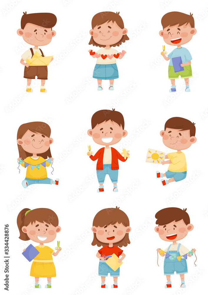 Children Holding Scissors and Doing Paper Craft Vector Illustrations Set