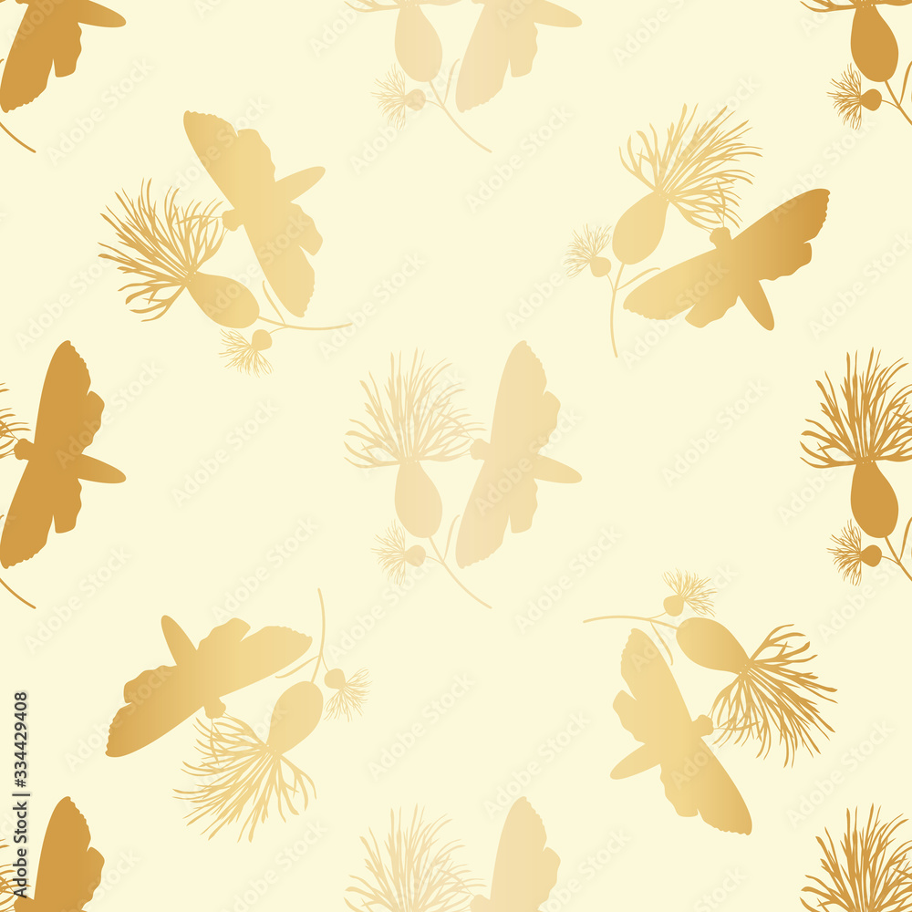 Gold foil six spot burnet day flying moth seamless vector pattern background. Scottish insect and knapweed metallic backdrop. All over print for luxury packaging, Golden Wedding anniversary stationery Gold foil six spot burnet day flying moth seamless vector pattern background. Scottish insect and knapweed metallic backdrop. All over print for luxury packaging, Golden Wedding anniversary stationery
