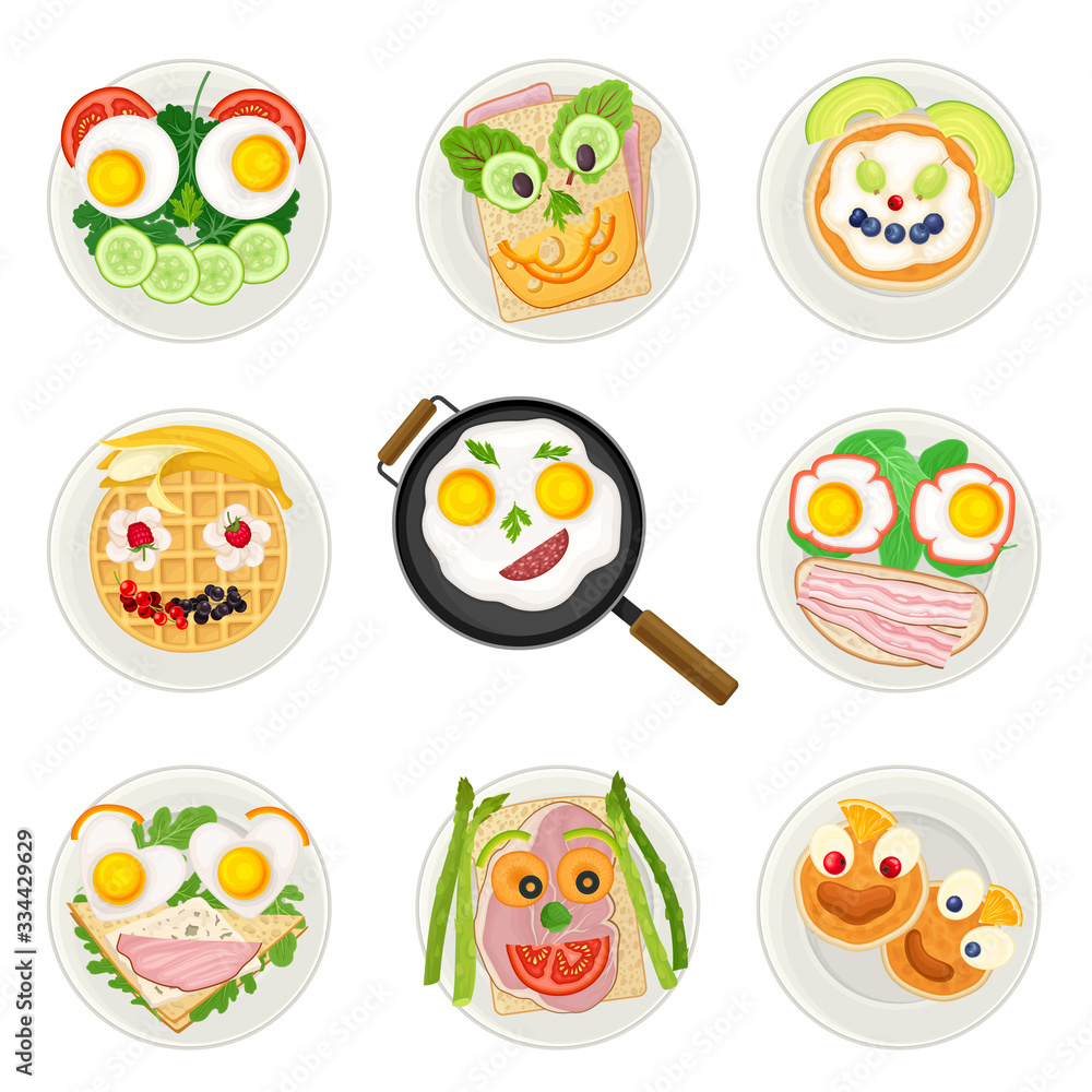 Smiley Breakfast Food Arrangement or Serving Above View Vector Set Smiley Breakfast Food Arrangement or Serving Above View Vector Set
