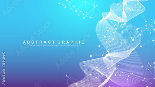 Big Genomic Data Visualization. DNA helix, DNA strand, DNA Test. CRISPR CAS9 - Genetic engineering. Molecule or atom, neurons. Abstract structure for Science or medical background, banner. Wave flow.