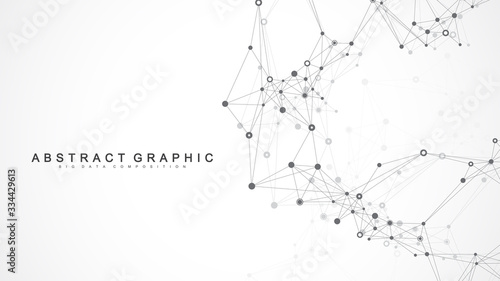 Geometric abstract background with connected line and dots. Network and connection background for your presentation. Graphic polygonal background. Wave flow. Scientific vector illustration.