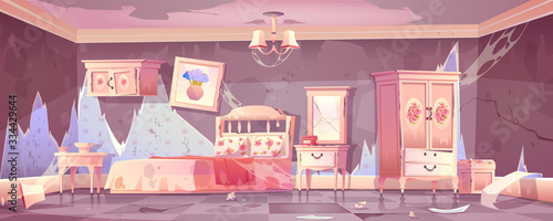 Old dirty bedroom in shabby chic style with broken furniture. Vector cartoon illustration of empty abandoned home interior with mess, torn wallpapers, crashed mirror and wardrobe