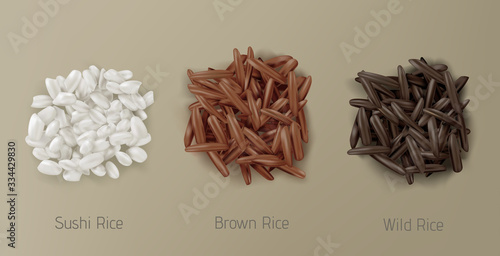 Rice sushi, brown and wild grain piles top view isolated on white background. Vegetarian organic raw food, different cereals types for sushi and healthy eating, realistic 3d vector icon, clip art