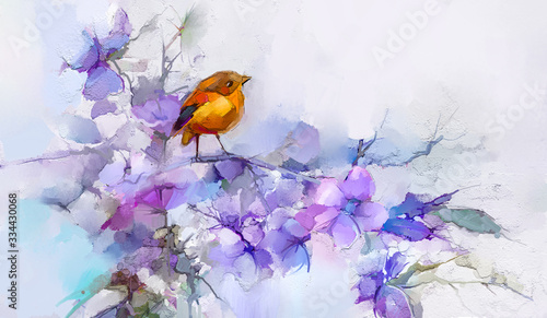 Abstract colorful oil  acrylic painting of bird and spring flower. Modern art paintings brush stroke on canvas. Illustration oil painting  animal and floral for background.