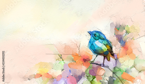 Fototapeta Naklejka Na Ścianę i Meble -  Abstract colorful oil, acrylic painting of bird and spring flower. Modern art paintings brush stroke on canvas. Illustration oil painting, animal and floral for background.