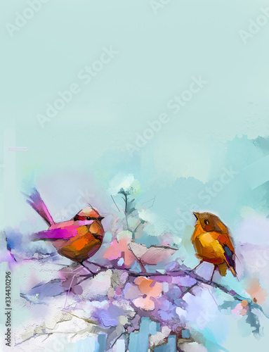 Fototapeta Naklejka Na Ścianę i Meble -  Abstract colorful oil, acrylic painting of bird and spring flower. Modern art paintings brush stroke on canvas. Illustration oil painting, animal and floral for background.