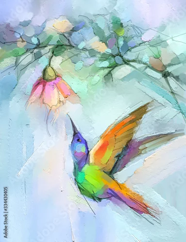 Fototapeta Abstract colorful oil, acrylic painting of bird (Hummingbird) and spring flower. Modern art paintings brush stroke on canvas. Illustration oil painting, animal and floral for background.