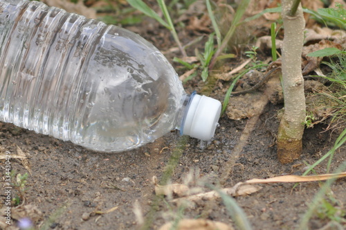pouring water to a plant with recycle bottle technology